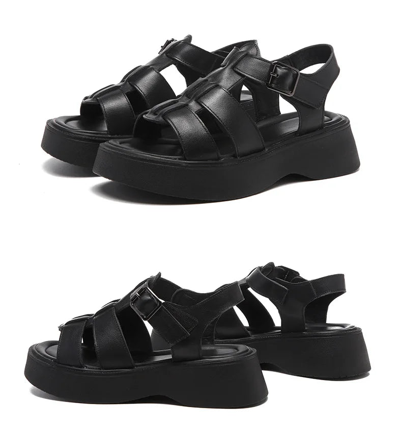 GKTINOO Summer Mixed Color Genuine Leather Sandals Roman Shoes Platform Wedges Woven Thick Soled Sandals Women Shoes Large Size