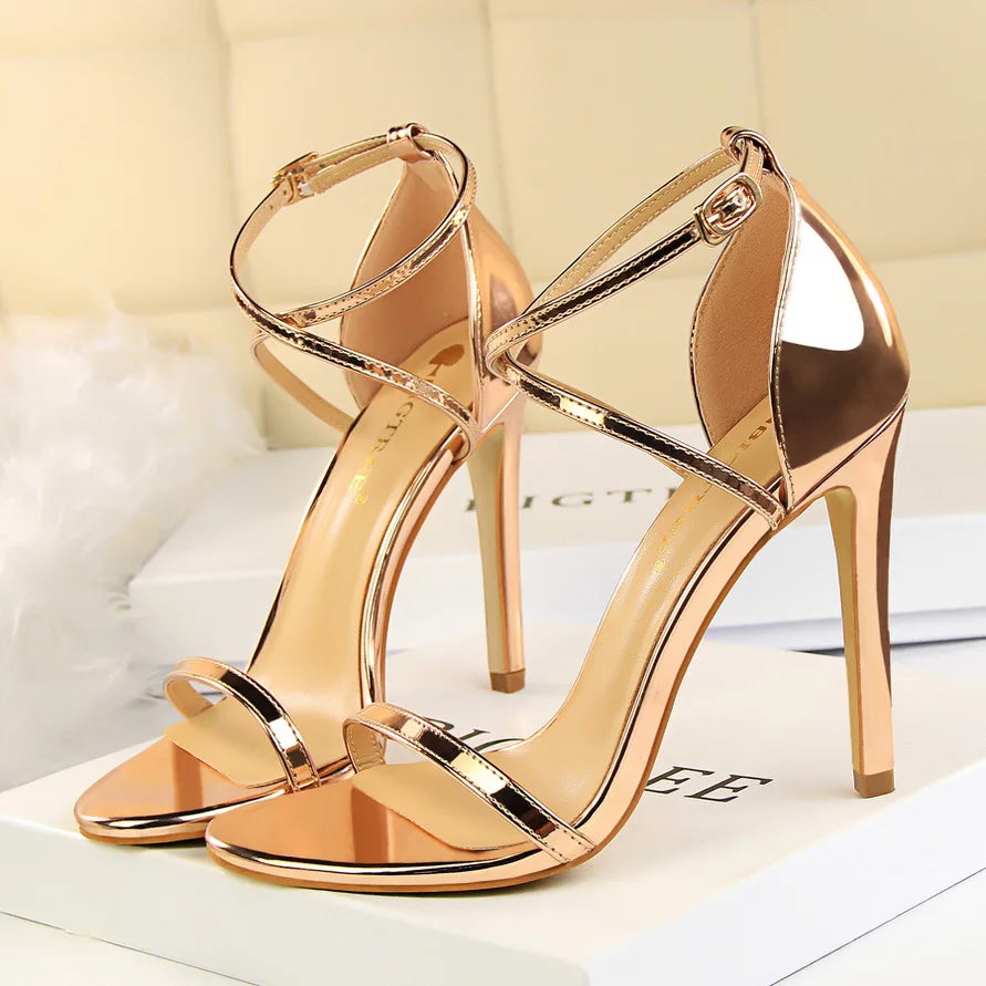 Women Fetish 8cm 11cm High Heels Summer Mid Low Heels Champagne Gold Sandals Roman Pumps Lady Gladiators Stiletto Stripper Shoes