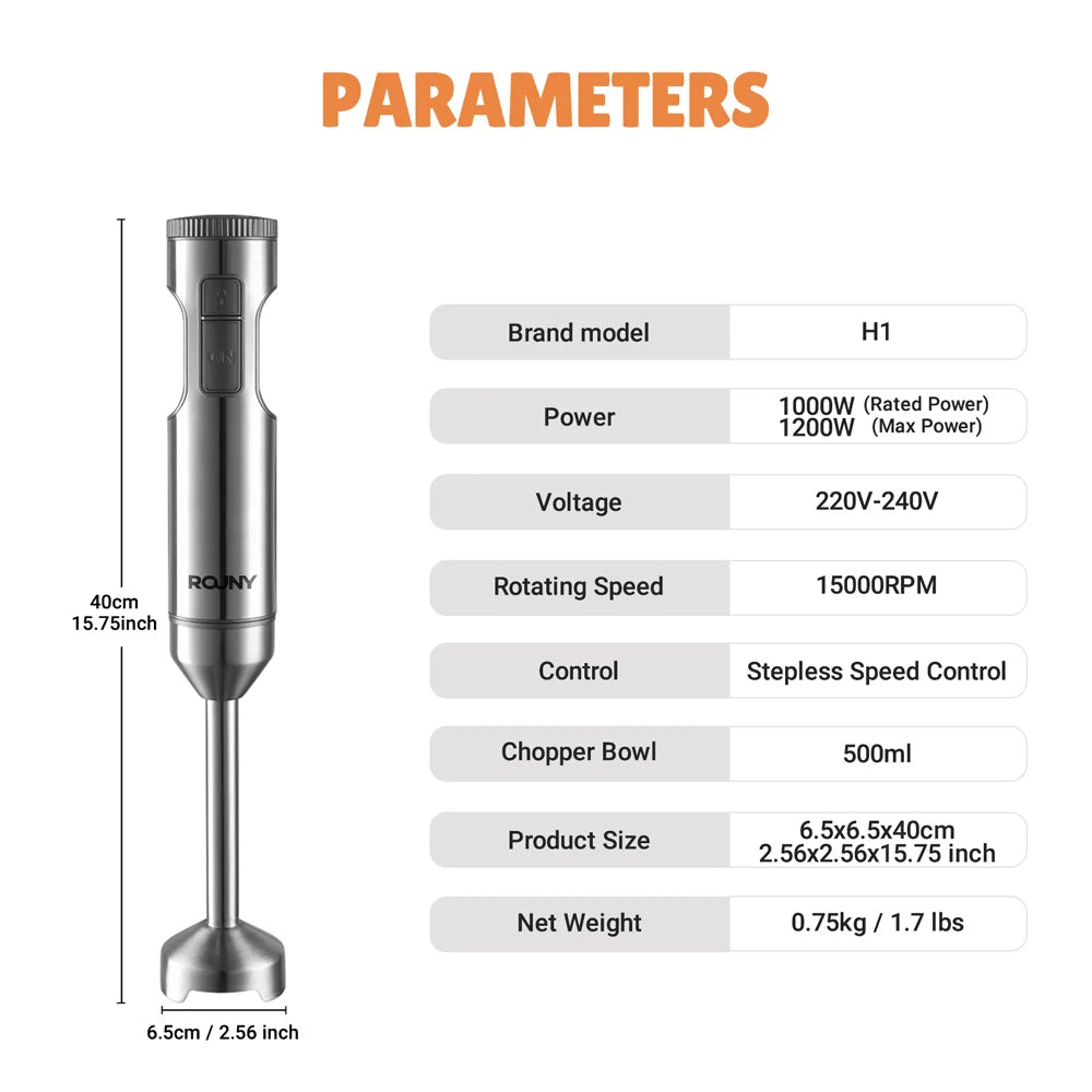 Powerful Immersion Blender,4-in-1 Stainless Steel Stick Baby Food Mixer,700ml Mixing Beaker,500ml Processor,Whisk, MAX 1200W