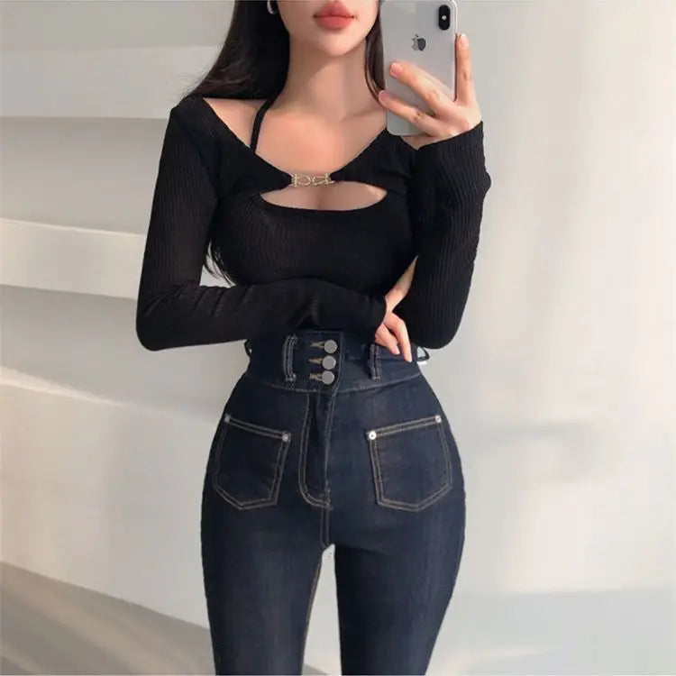 3XL Sets Women Slim Halter Camisoles Long Sleeve Tops 2 Pieces Korean Style Sexy Trendy Y2k Cropped  Spring Female Clothing