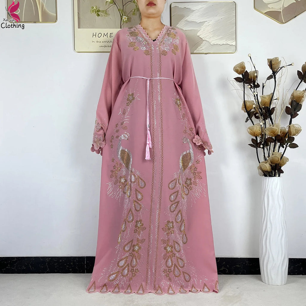 2026New Dubai Muslim Women Modest Dress Diamond Chiffon Elegant Arabic Femme Hijab African Abaya Islamic Long Sleeve Turkey Robe