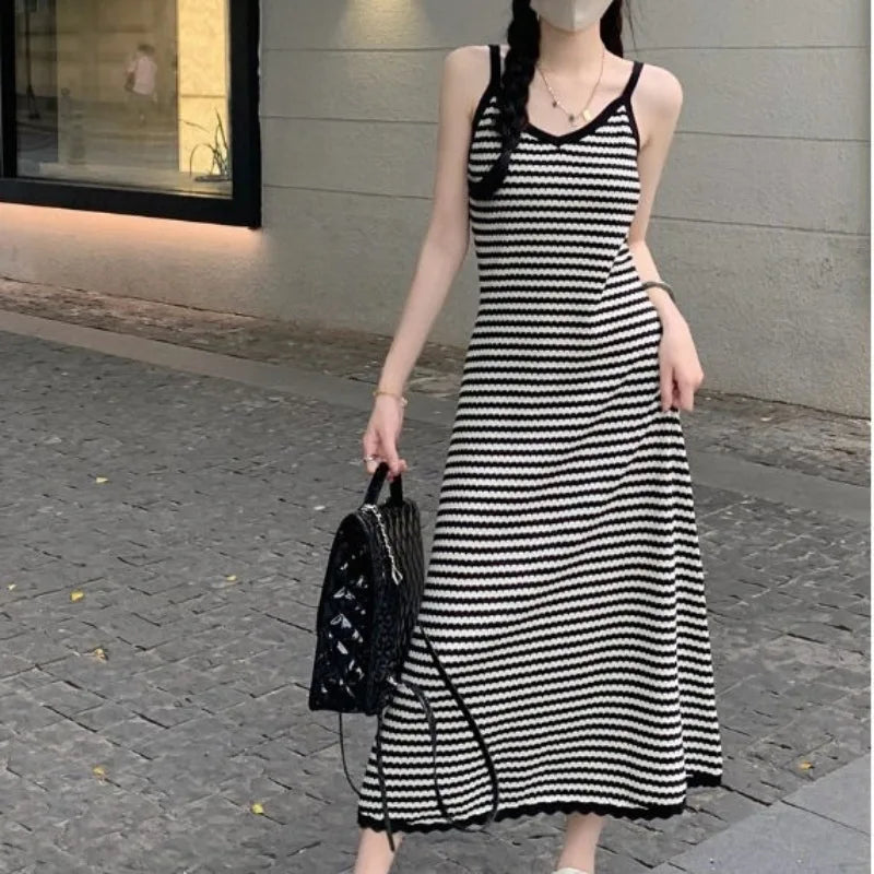 Summer Slimming High Waist V-Ne Wrap Body Lazy Sle Bla Stripe Knitted ter Dr Women Long Dr Trendy