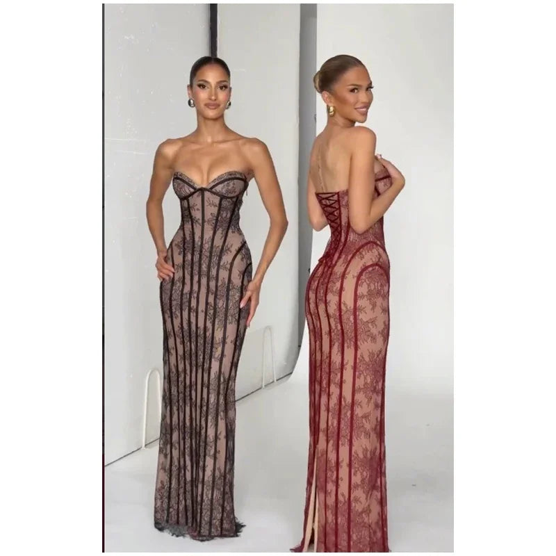 Women Strapless Tulle Fishbone Dress Backless Off Shoulder Printed Patchwork Slim Maxi Dresses 2026 Lady Chic Party Evening Gown