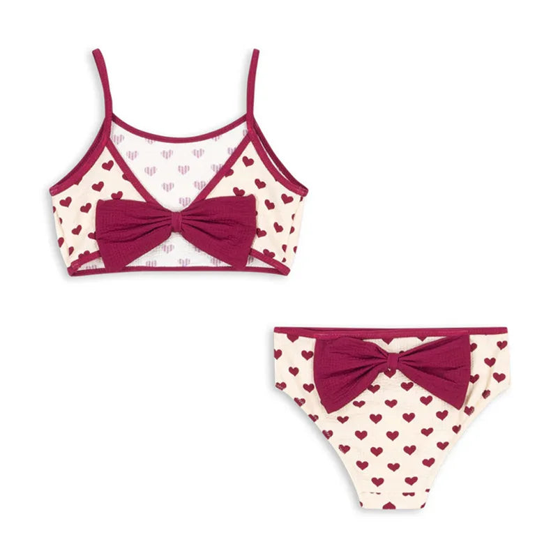 Girls Simple Color Block Swimsuit Heart Print Bikini Set Fashionable Large Bow Knot One-Piece Swimwear Summer Kids Clothing