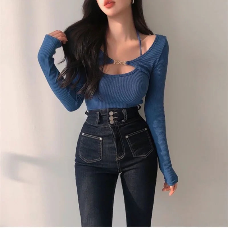 3XL Sets Women Slim Halter Camisoles Long Sleeve Tops 2 Pieces Korean Style Sexy Trendy Y2k Cropped  Spring Female Clothing