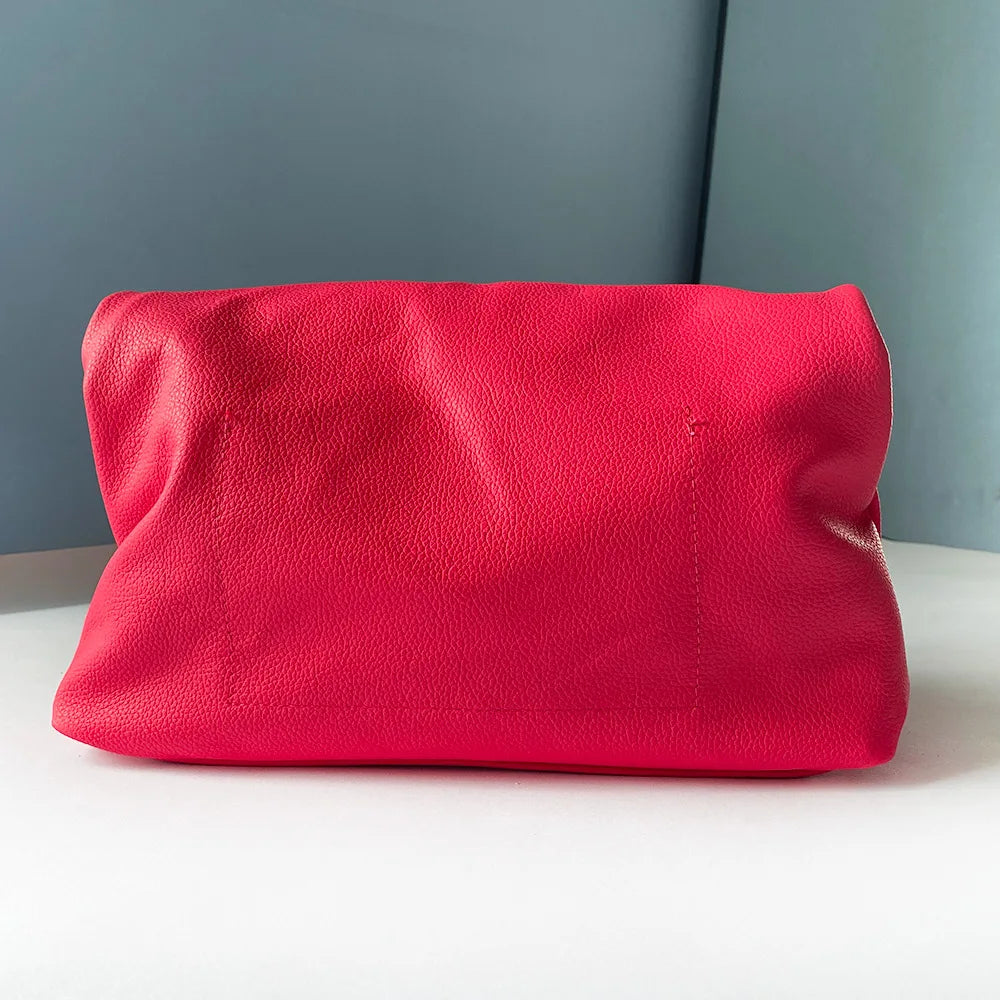 Personality roll-edge leather bag  lazy casual leather soft bag  Phone Women High Quality holding red large bag luxury designer