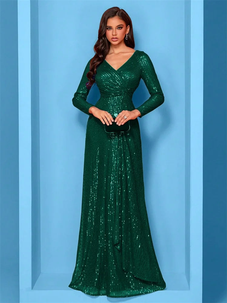 Plus Size Luxury V-Neck Long Sleeves Sequins Evening Dresses Women Elegant Wedding Party Maxi Cocktail Graduation Gowns