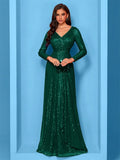 Plus Size Luxury V-Neck Long Sleeves Sequins Evening Dresses Women Elegant Wedding Party Maxi Cocktail Graduation Gowns