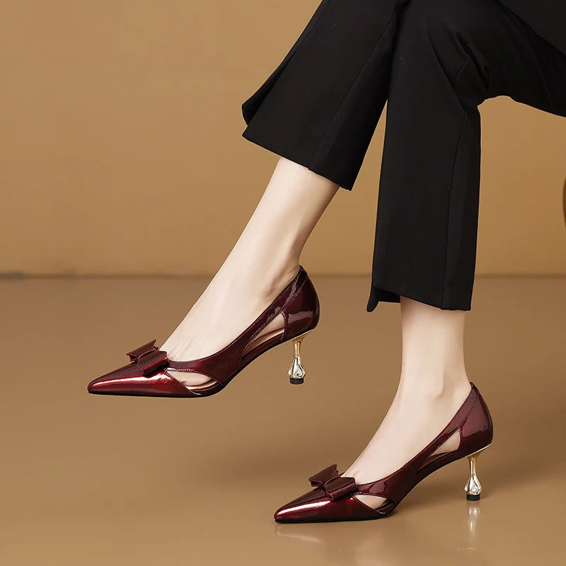 【JOCHEBED HU】Full Genuine Leather Pointed Toe Women Summer Street Wear Stiletto Heels Office Lady Gorgeous Pumps 33-43