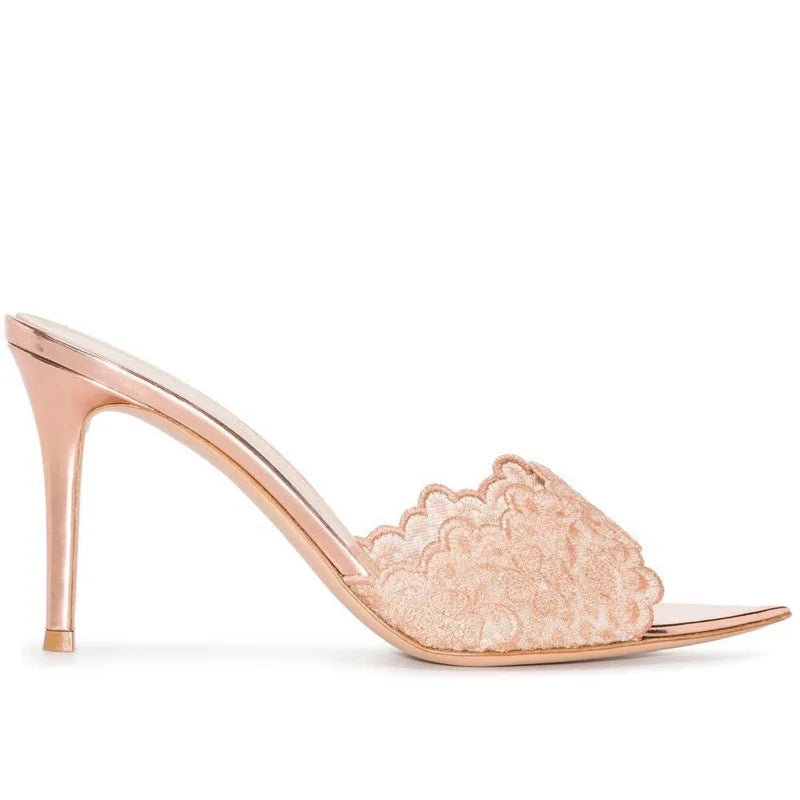 New Summer Women's High Heel Sandals Lace Embroidery Pointed Open Toe Stiletto High Heel Sandals Party Slippers