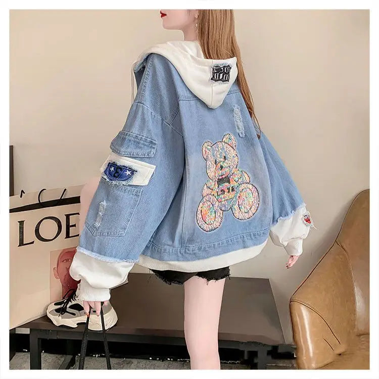 Women's Denim ort Jaet Spring Autumn New Sle Retro Hooded Loose Casual High Street Top Faion Versatile Loose Fit Jean...