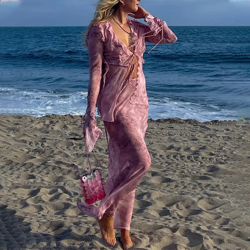 Print Y2K Mesh Long Sleeve Top Shirts Green and Maxi Skirt Bodycon Two Piece Sets Beach Outfits Women Club