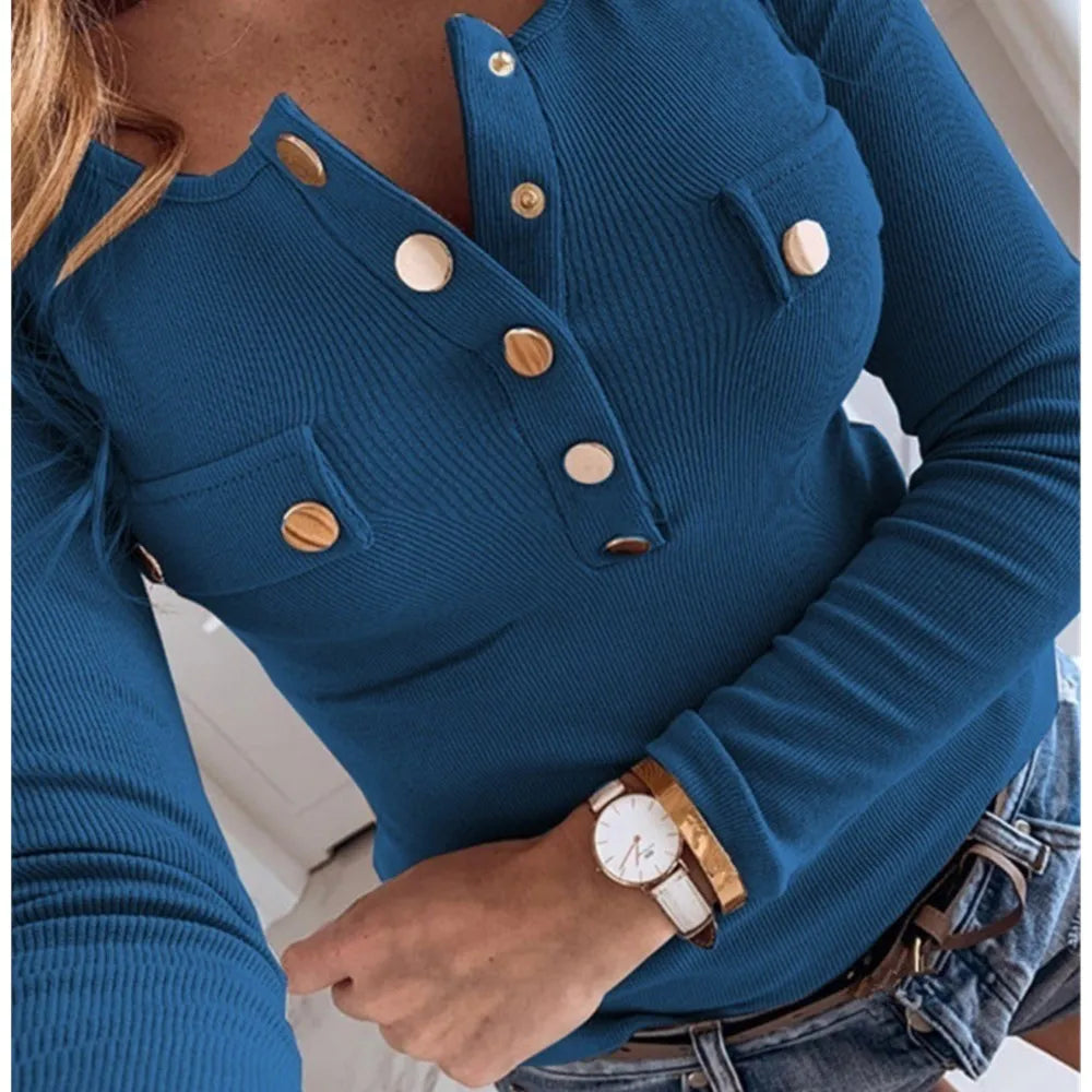 Autumn Women's Knitted Long-sleeved T Shirt Tops Fashion Semi O Neck Button Solid Color Female Casual Versatile Bottoming Tops