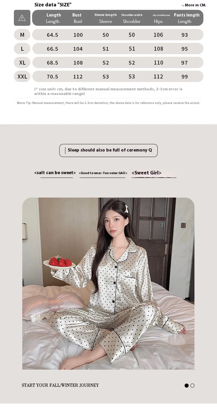 Spring and Autumn Summer Black Polka Dot Ice Silk Pajamas Women's New Long Sleeve Long Pants Net Red Simple Casual Homewear Set