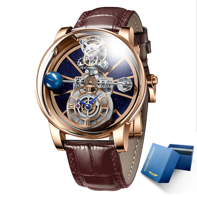 PINDU Design Watches Man Starry Sky Watch For Men Quartz Wristwatches Clock Earth Theme Design Man Watch Celestial Body Series