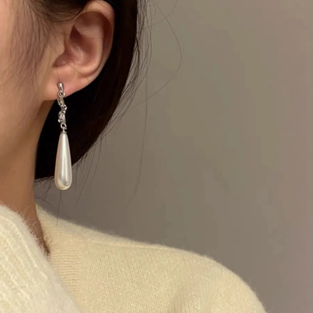Geometric Zircon Simulated-pearl Water Drop Pendant Women's Earrings Classic Trendy Style Versatile Chinese Style Jewelry Gift