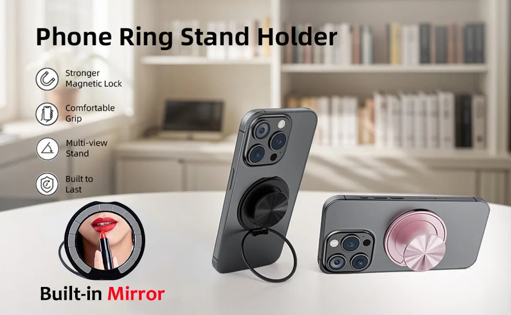 Grippopso Magnetic Suction Phone Mount Built-in Mirror Socket for MagSafe Grip Holder, Adjustable Cell Phone Stand for Desk