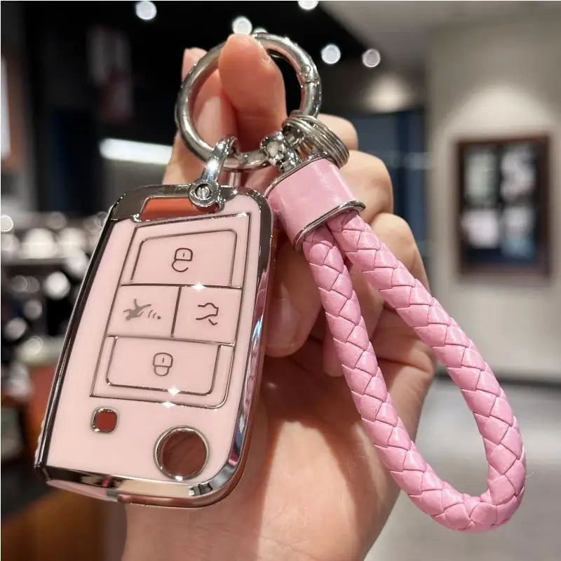 TPU Key Fob Cover with Keychain Lanyard For VW Volkswagen Accessories Atlas Golf GTI Jetta Tiguan Car Key Case Full Protection