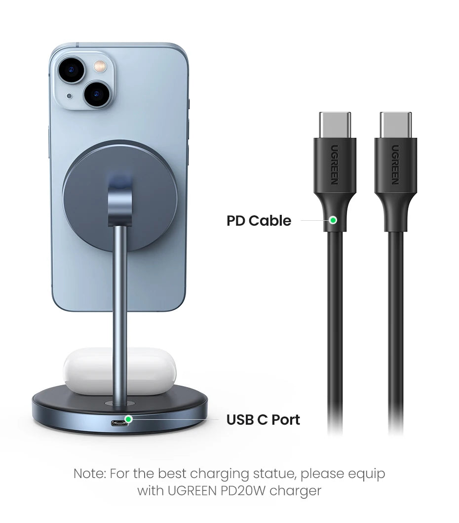IL Special UGREEN Magnetic Wireless Charger 20W Max 2-in-1 Charging Stand For iPhone 14 Pro Max/iPhone 13/AirPods Fast Charger
