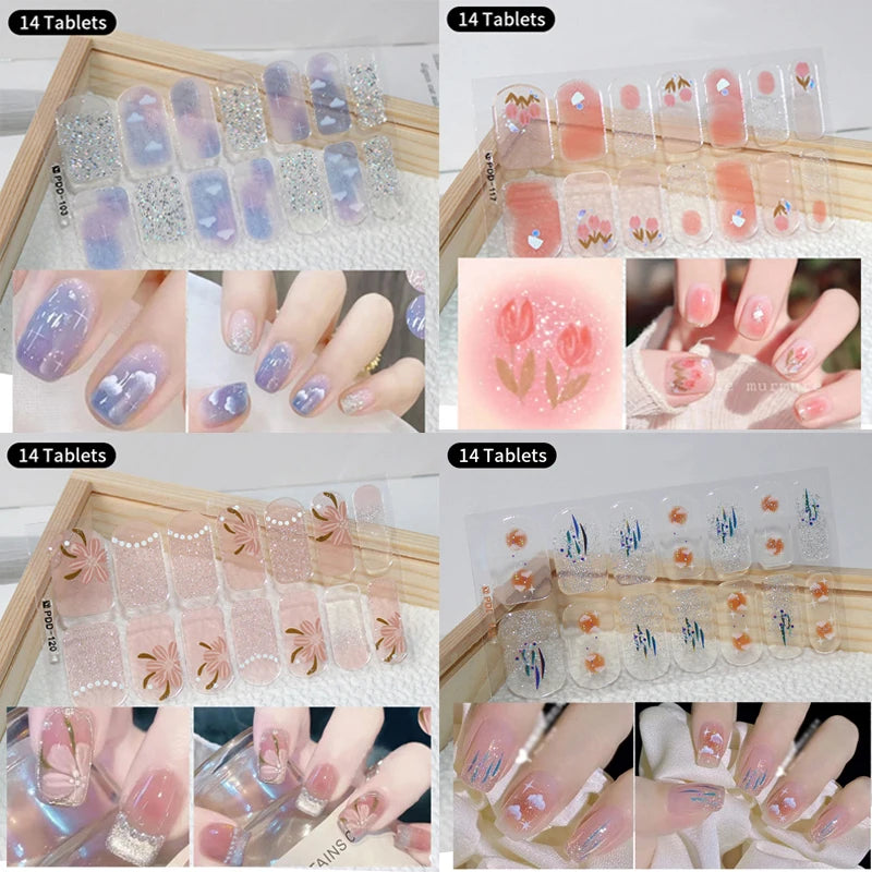 1pc DIY Baking-free Nail Stickers Long-Lasting Solid Color Fresh Flowers Christmas Autumn Nail Strips Patch Full Cover Decal