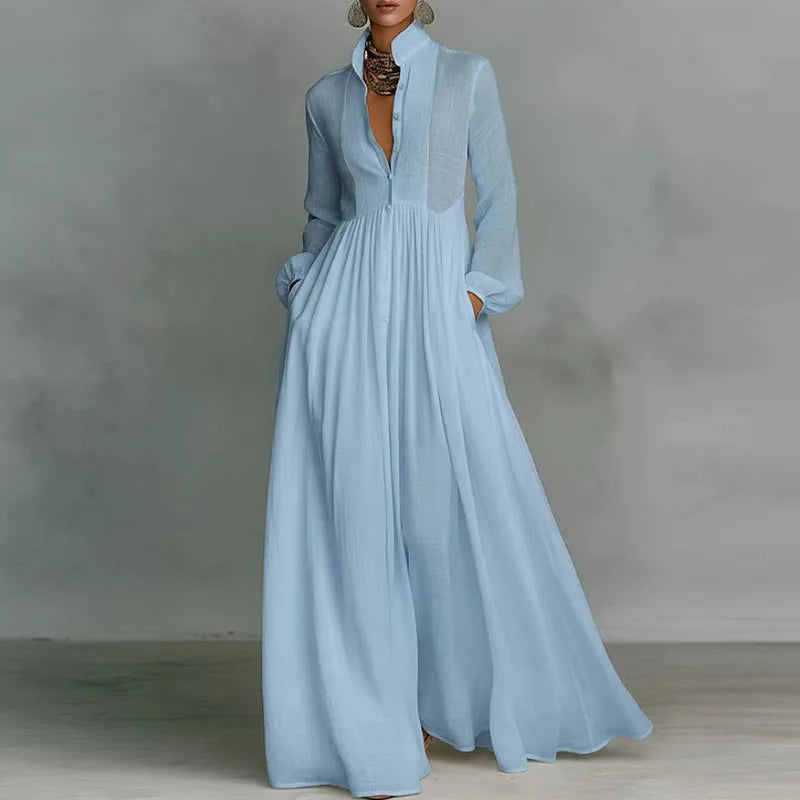 Bohemian Stand Collar Button Maxi Shirt Dress Woman Elegant High Waist Solid Party Dress Spring Long Sleeve Loose Casual Dresses