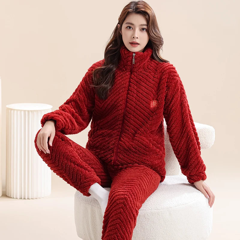 Women's Winter Flannel Pajamas Set Standing Neck Zippered Cardigan Sleepwear Coral Fleece Homewear Thick Warm Female Sweatshirt