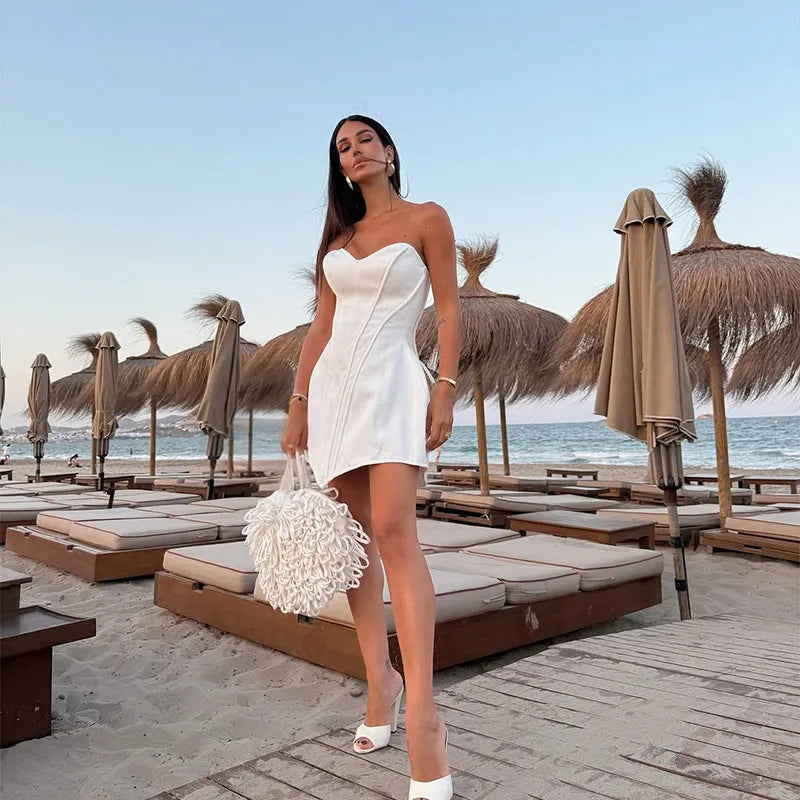 Fashion Women Strapless Backless Dress Off-shoulder Corset Bustier Party Club Dresses 2025 Chic Lady Waist Cinching Evening Gown