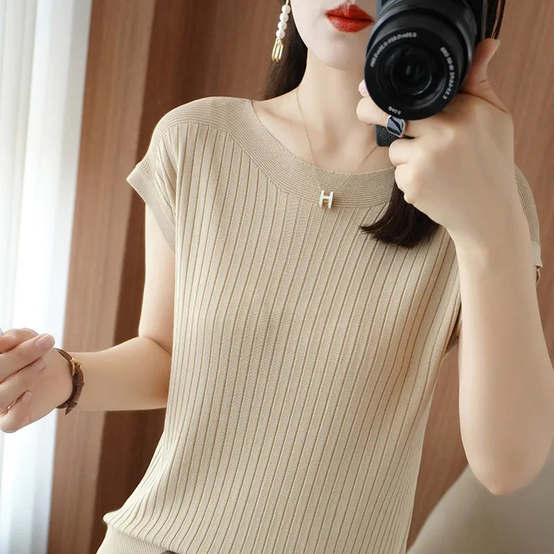 Spring Summer T-shirt Women Short Sleeves Slim Striped Innerwear Slash Neck Fashion Korean Loose Knitted T-shirt Sweater 2026