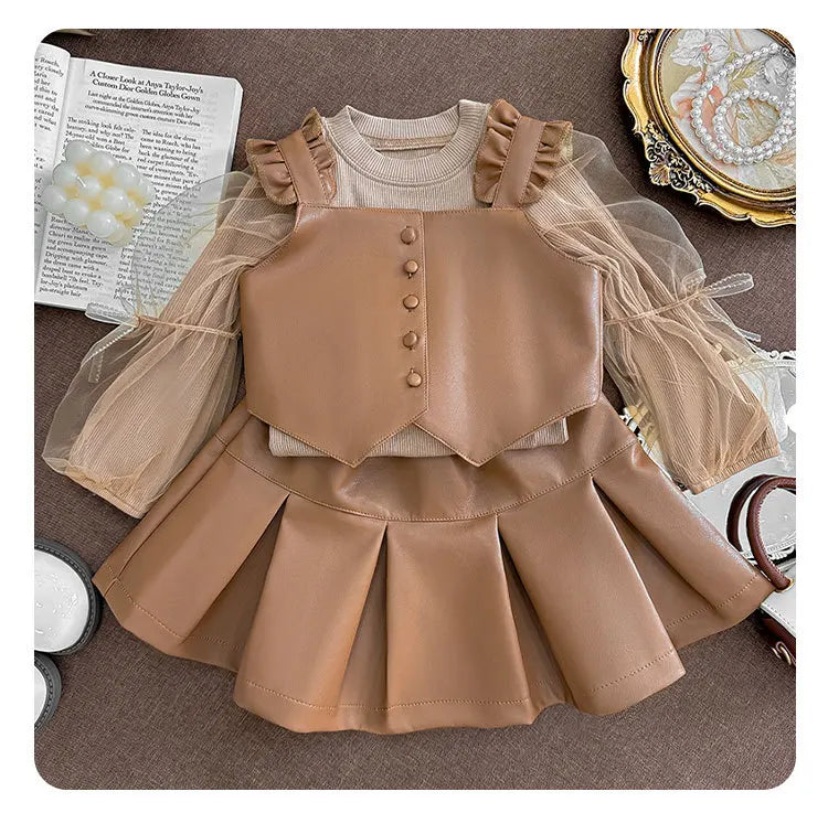 New Girls' Autumn Western Style Little Girls' Leather Two-Piece Suit Fashionable Children's Bottoming Shirt Trendy