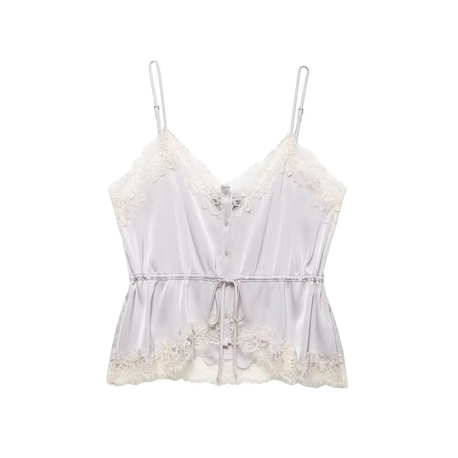KONDALA Lady Chic Satin Strappy Top 2026 Spring Summer Romantic Holidays Lace Suspender Top Women High Street Trendy Cute Tops