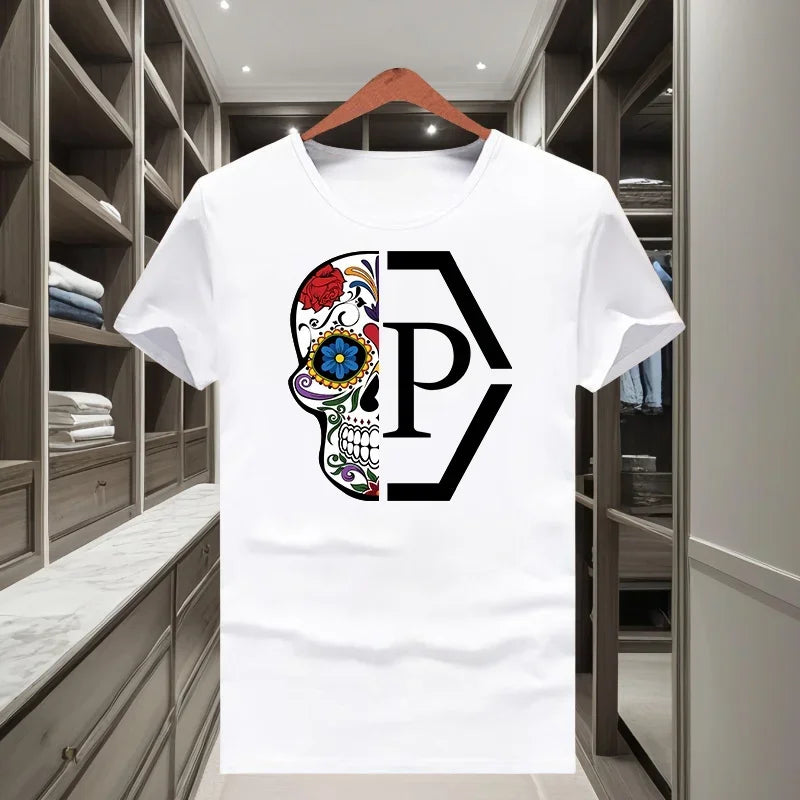 Classic Trendy Brand Half Skull Flower Printed Men's and Women's 2025 New  Short Sleeved T-shirt Round Neck