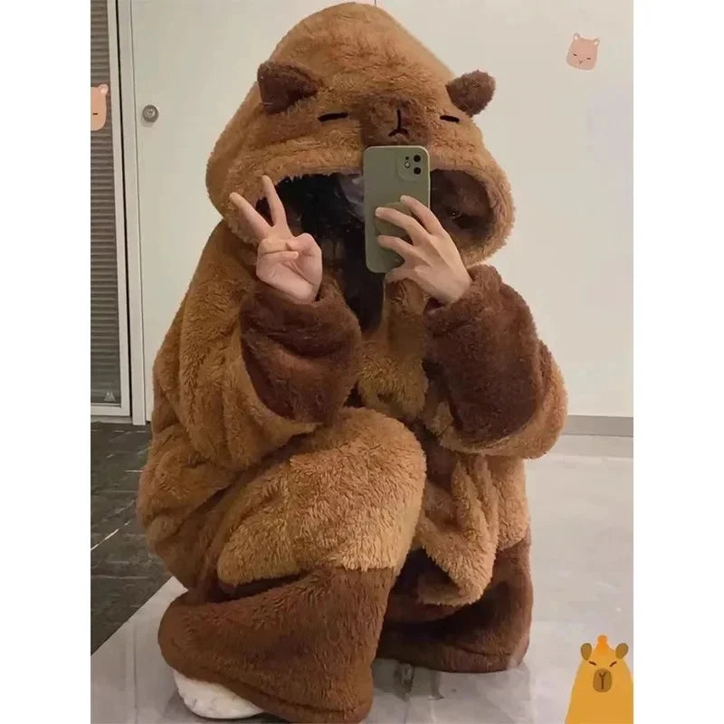 Bathrobe Woman Showerpadded Warm Plus Size Cartoon Bear Pajamas Coffee Color Dressing Gown Coral Velvet One-Piece Pajamas