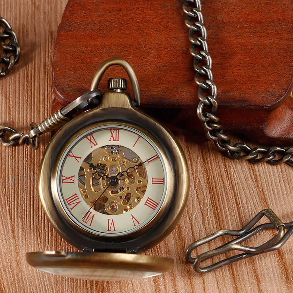 Hand Wind Mechanical Pocket Watch Cool 180 degrees Open Case Transparent Glass Cover Roman Numbers Unisex Chain Christmas Gifts