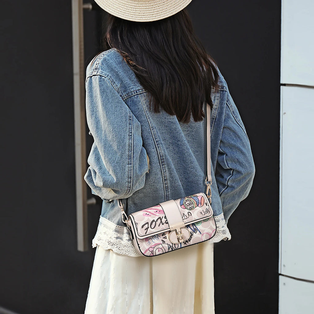 FOXER 2026 Fashion New Women's Underarm Bag PU Leather Graffiti Lady Chain Shoulder Bag Trendy Niche Design Crossbody Bag