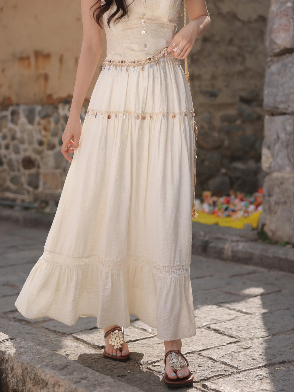 White Lace Three-Piece Set Spring Summer Slim Fit V-Neck Lace Cami Top High-Waisted A-Line Maxi Skirt Chic Red Fashion Shirt