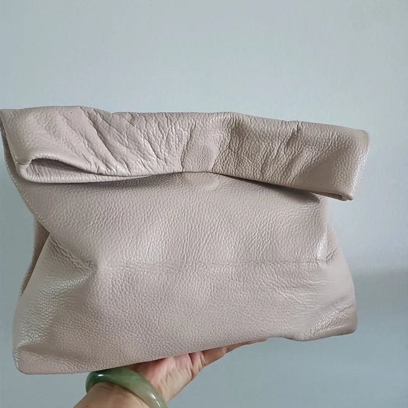 Personality roll-edge leather bag  lazy casual leather soft bag  Phone Women High Quality holding red large bag luxury designer