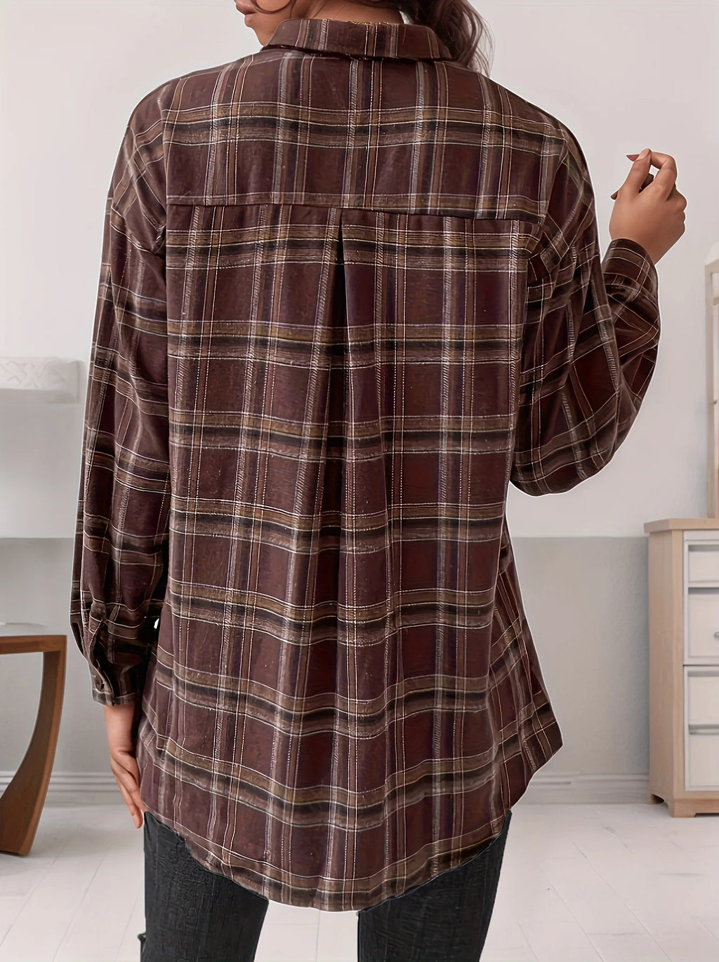 Elegant Casual Long Plaid Shirt Shoulder Drape Style Women's Fashion Trendy Button-Up Top
