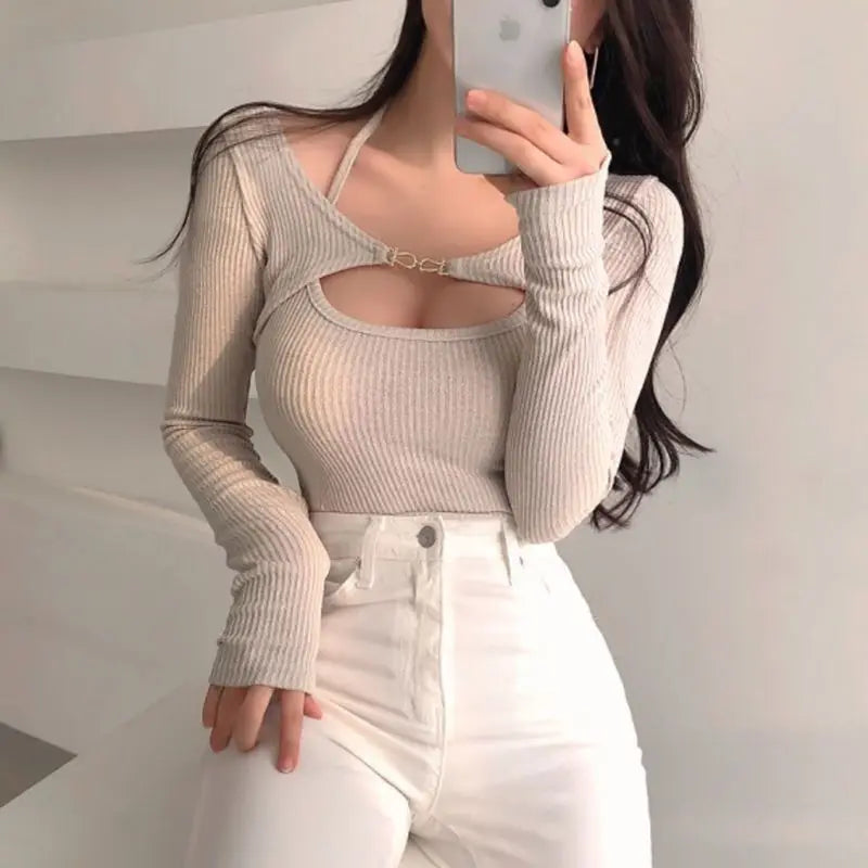 3XL Sets Women Slim Halter Camisoles Long Sleeve Tops 2 Pieces Korean Style Sexy Trendy Y2k Cropped  Spring Female Clothing