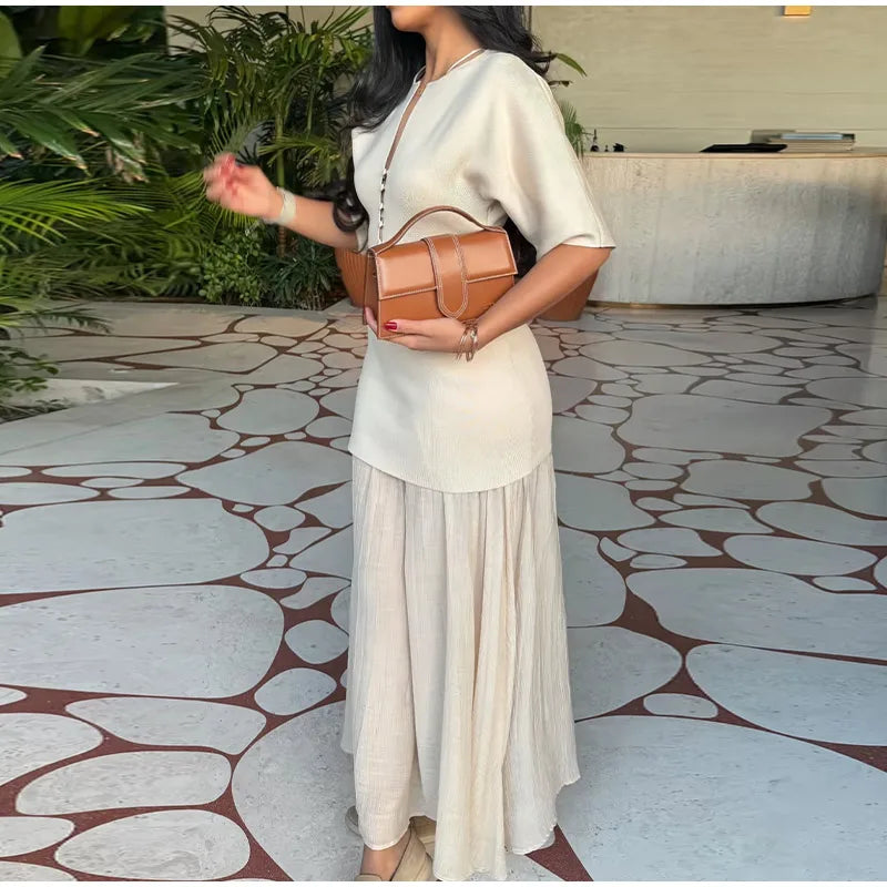 Elegant Women Patchwork Long Dress Short Sleeve O Neck Button A-Line Dresses Spring Summer Vintage Beach Vacation Casual Robes