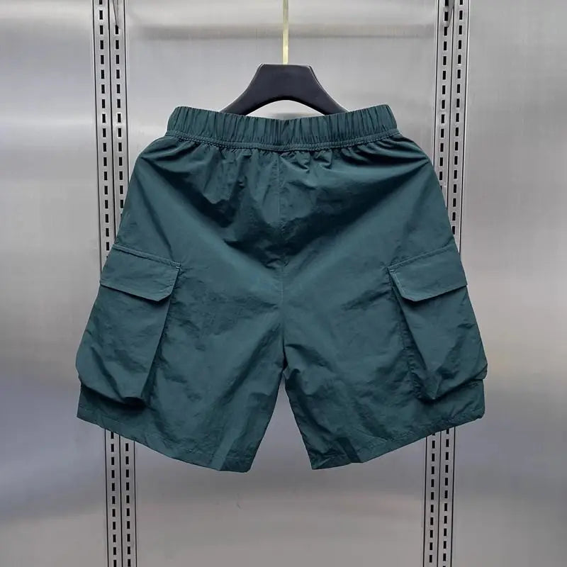Men's Retro Multi Pocket Cargo Shorts Summer Thin Loose Straight Casual Outerwear Capris Solid Color Drawstring Short Pants