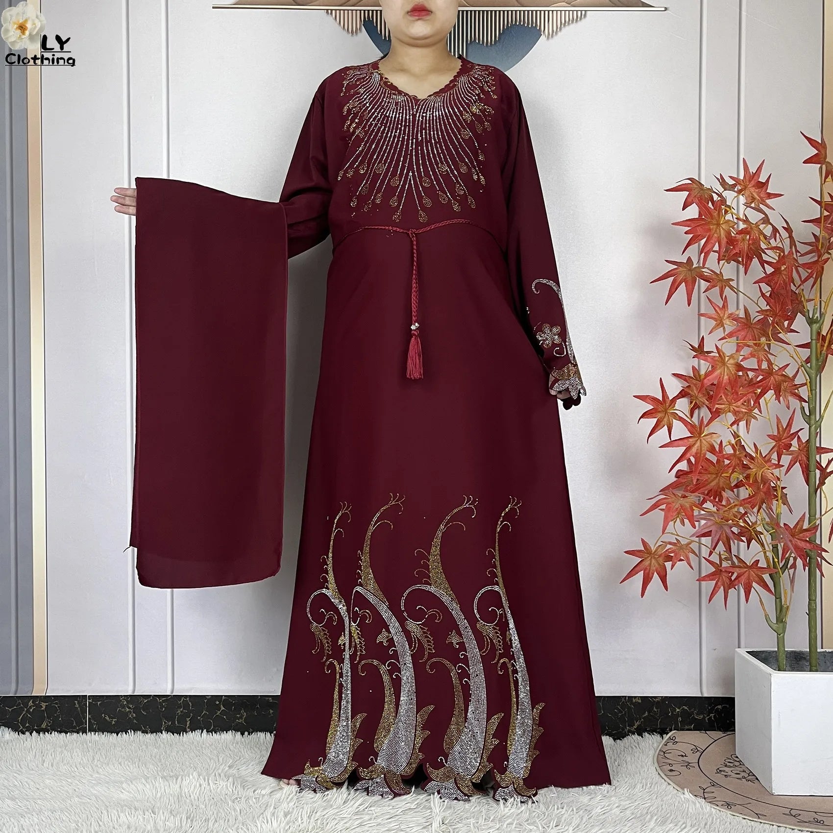 2025New Dubai Muslim Women Elegant Dress African Abaya Loose Butterfly Pattern Diamond Islamic Long Sleeve Turkey Femme Clothing