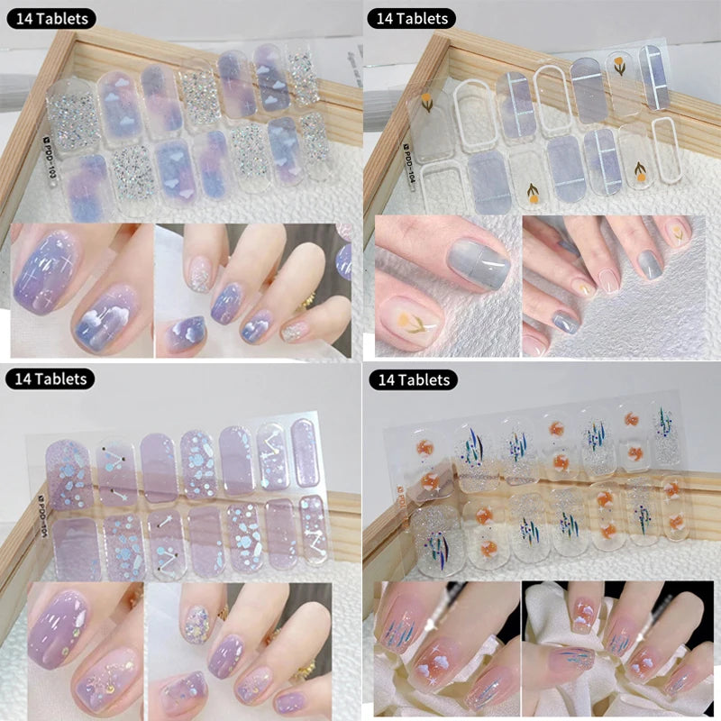 1pc DIY Baking-free Nail Stickers Long-Lasting Solid Color Fresh Flowers Christmas Autumn Nail Strips Patch Full Cover Decal