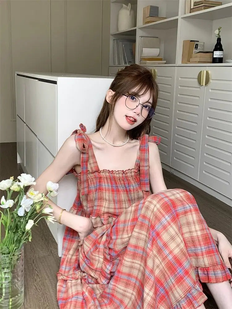 Vintage Plaid Dresses Women Ruffles Sweet French Style Bandage Loose Casual Girlish Summer New Ins Aesthetic Temperament Ulzzang