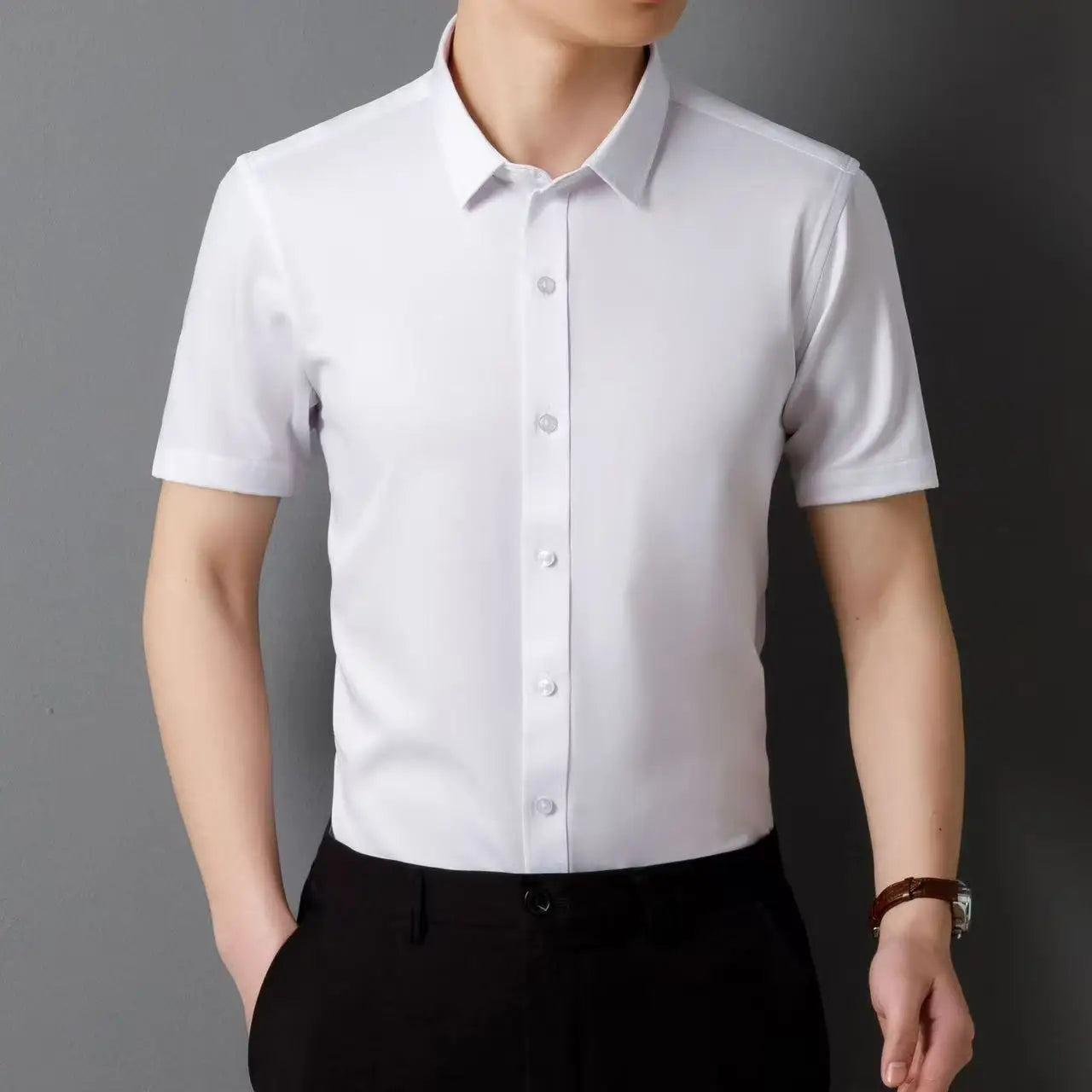 Men's Short Sleeve Shirts Summer Solid Color Polyester Turn Down Color Standard Fit Fashion Elegant Business Smart Dress Shirts