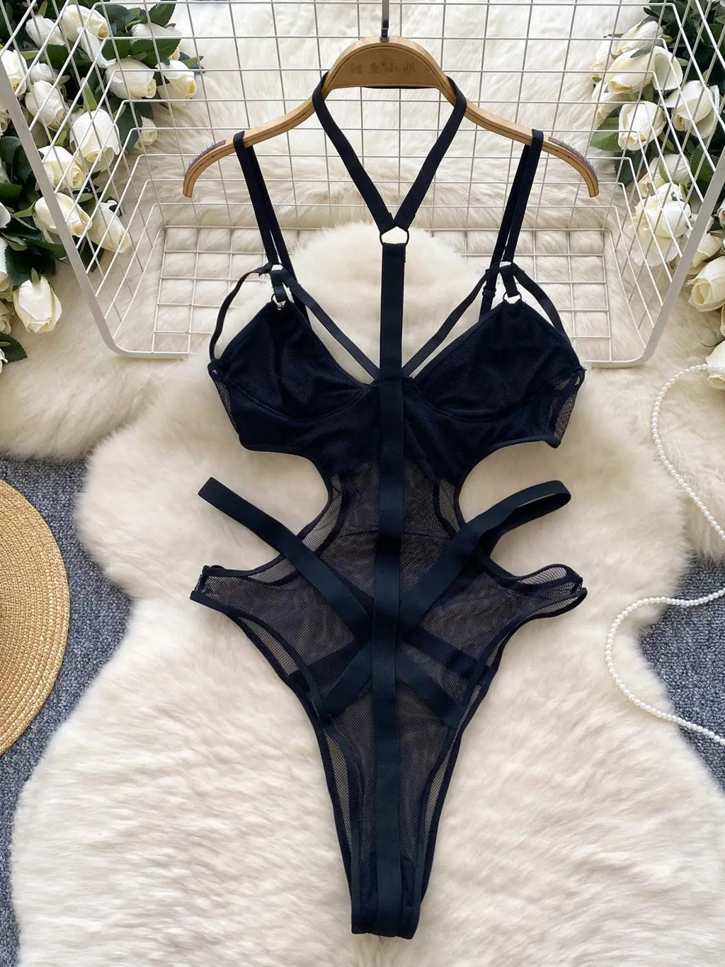 Sexy Hollow out Bridesmaid  Swimsuit Women's Pure Desire Spicy Girl Inner Wear Base Top See tough Net Strap