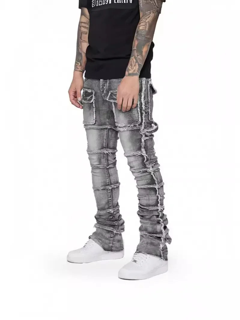 2025 New Trendy Men Jeans, European and American Fashionable Workwear with Patch, Elastic, Laminated and Slightly Flared Men Den