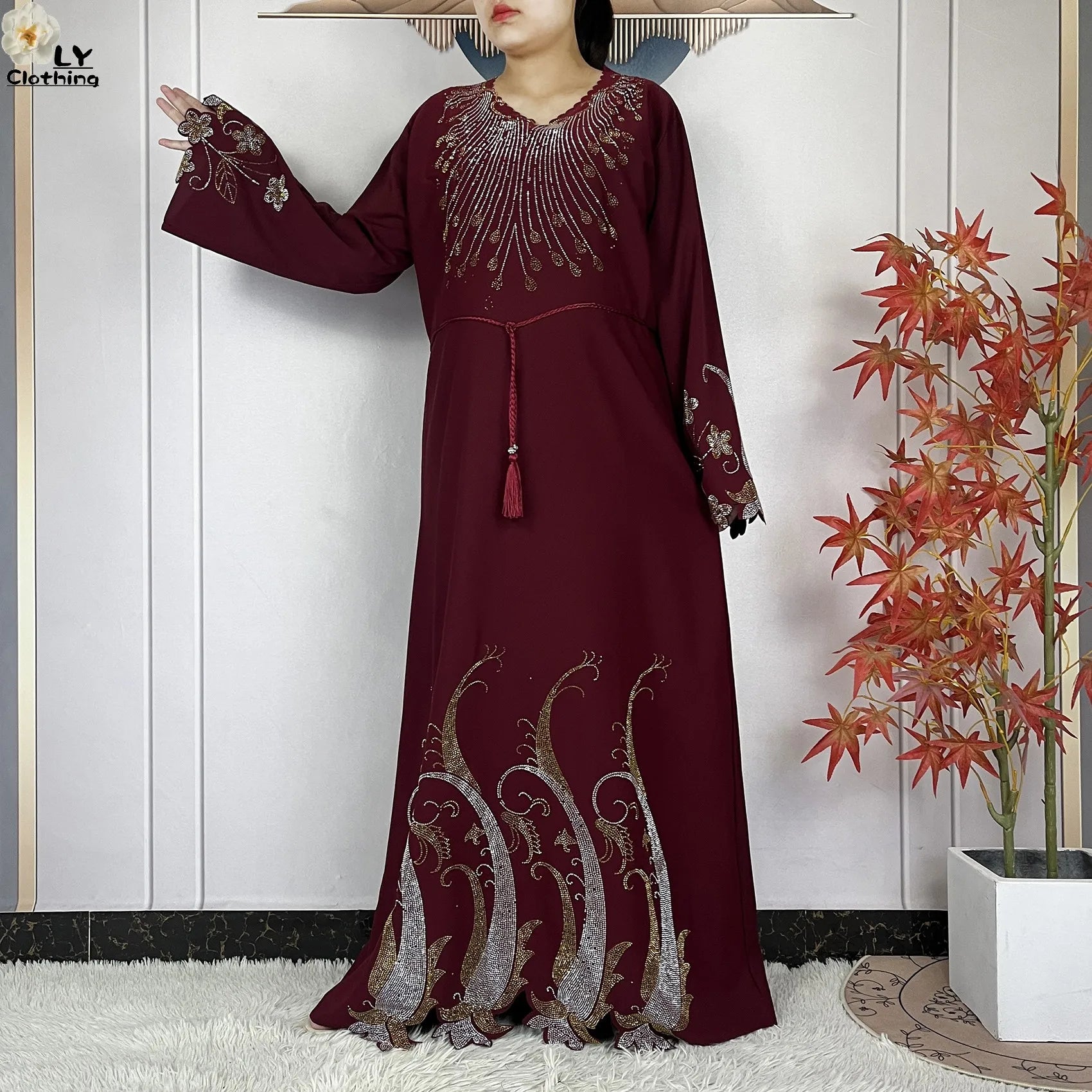 2025New Dubai Muslim Women Elegant Dress African Abaya Loose Butterfly Pattern Diamond Islamic Long Sleeve Turkey Femme Clothing
