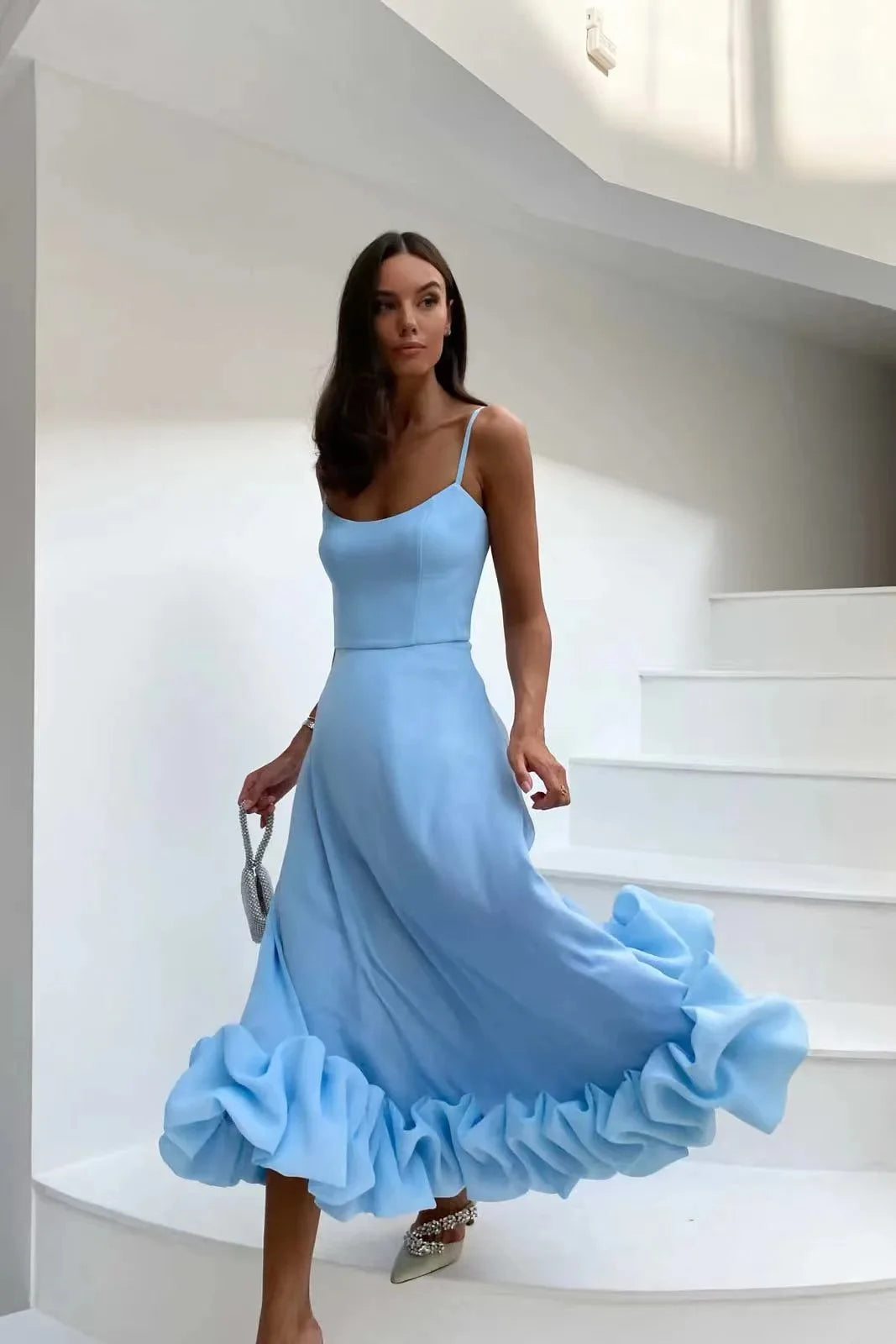 Putao Prom Dresses Fashion Square Empire Summer Party Dress Tea Length Sleeveless Chiffon Ruched Formal Evening Gowns платье жен