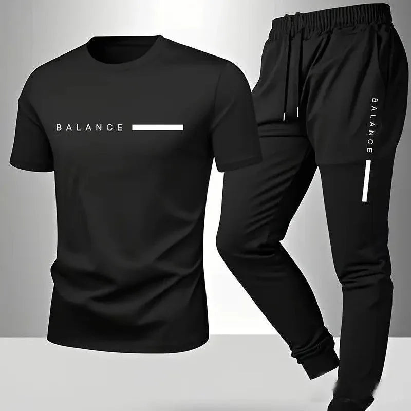 Summer New Fashion Trend Printed Sports Fitness Short-Sleeved T-shirt Long Pants Set Men's Loose Sports Large Size Two-Piece Set
