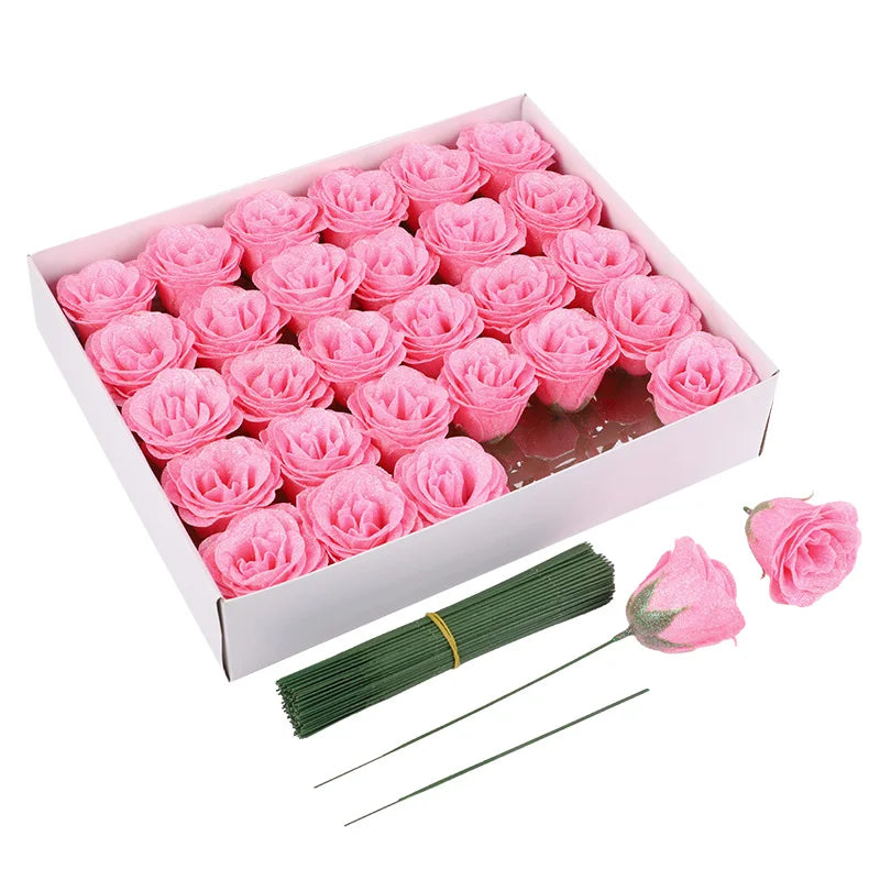 5-20Pcs Red Glitter Artificial Rose Flowers Bouquet Wedding Bridal Shower Decoration Valentines Day Gift Birthday Party Decor